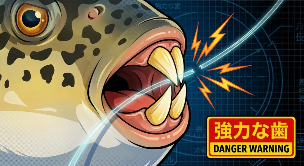 トラフグが強力な歯を持っていることをイラストで表現している。