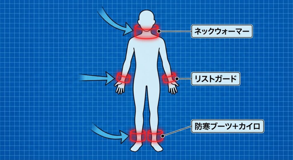 冬の寒い時期、ぜったい守るべき身体にある3つの首について図説している。首（ネックウォーマー）、手首（リストガード）、足首（防寒ブーツ＋カイロ）。