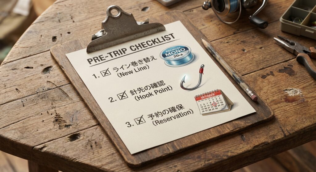 2月中に済ませる準備リスト。1.ラインの巻きかえ。2.針先の確認。3.予約の確保。