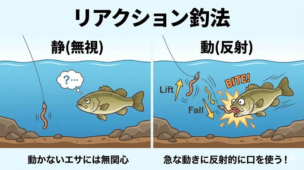 リアクション釣法についての説明。エサを動かさないと魚は反応しないが、眼の前で急に動くと思わず食べることがある。この習性を利用して食わせるテクニックがリアクション釣法です。